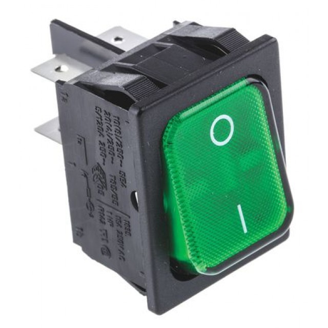 Illuminated Green DPST Rocker Switch, On-Off, 20 A @ 250 V ac 30.2mm 22mm