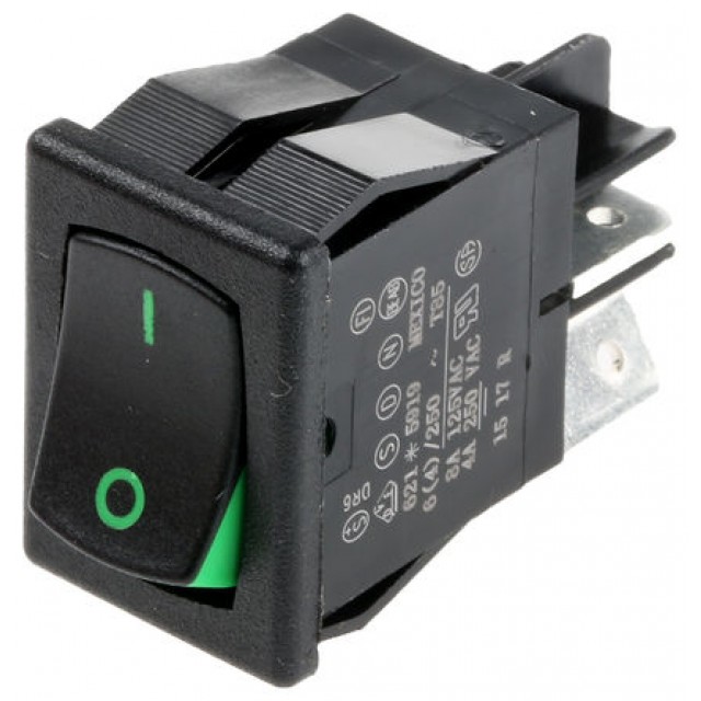 Green DPST Rocker Switch, On-Off, 8 A@ 125 V ac +85°C 0°C 19.4mm 12.9mm